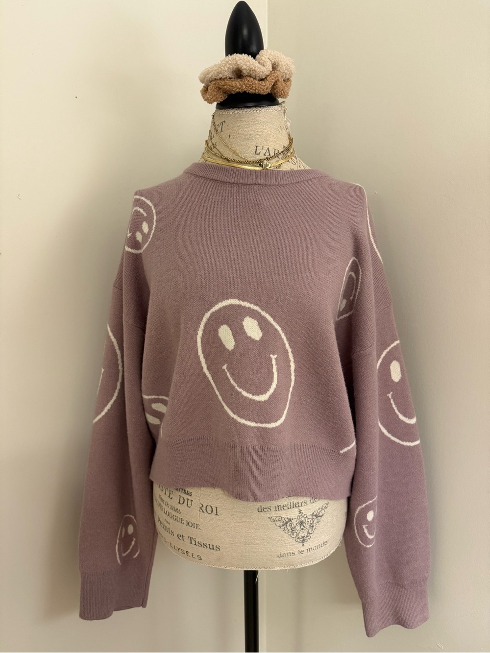 Altar'd State Dusty Mauve Smiley Face Crewneck Sweater